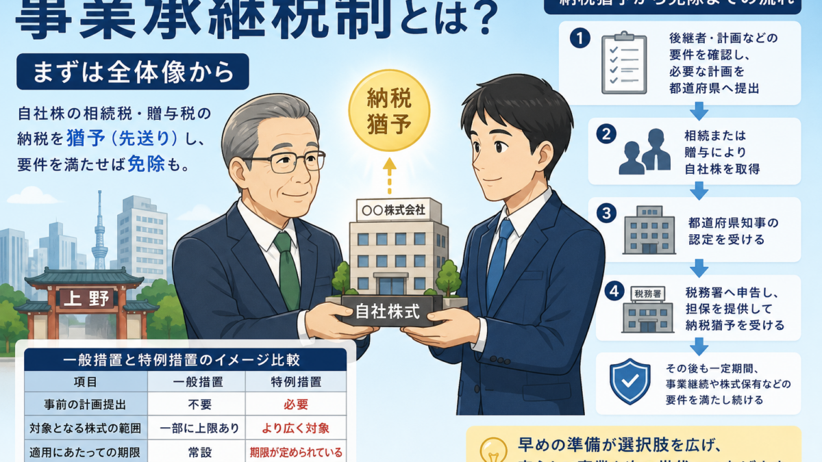 【上野の税理士が解説】事業承継税制とは？自社株の相続・贈与で納税猶予を受ける条件と流れ