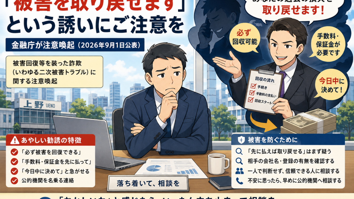 【上野の税理士が注意喚起】投資被害の「回収します」詐欺にご用心|二次被害の防ぎ方